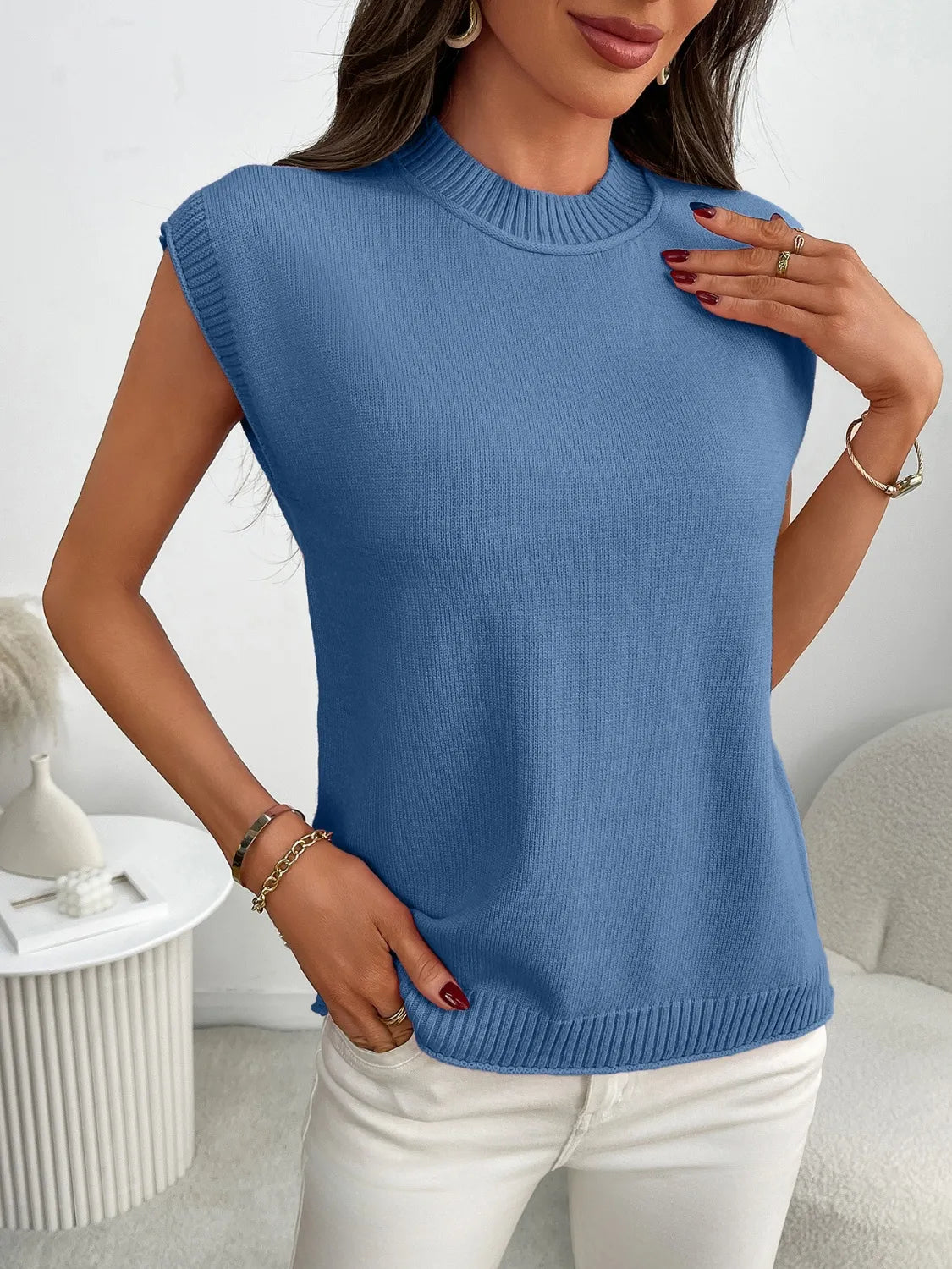 Mock Neck Cap Sleeve Knit Top - adritiX