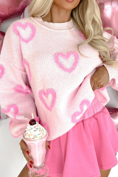 High-Low Heart Round Neck Long Sleeve Sweater - adritiX