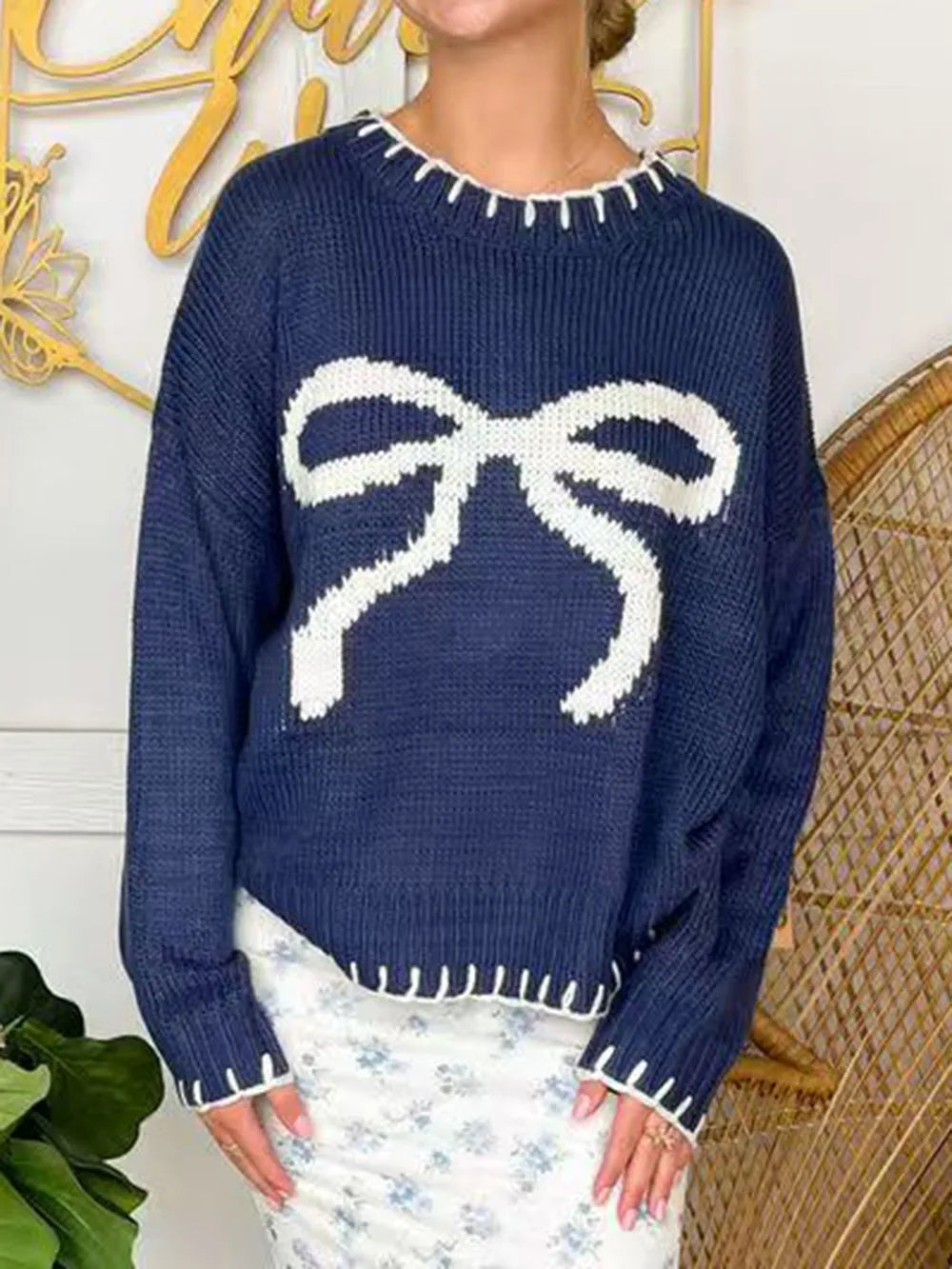 Bow Round Neck Long Sleeve Sweater - adritiX