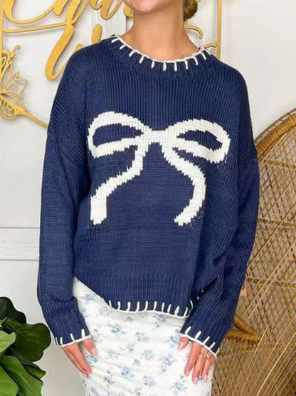 Bow Round Neck Long Sleeve Sweater - adritiX