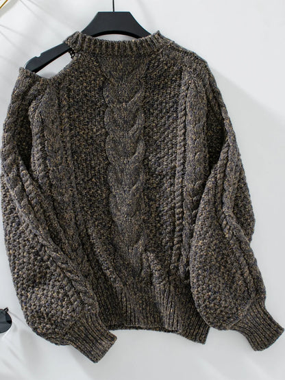 Cable Knit Round Neck Cold Shoulder Sweater - adritiX