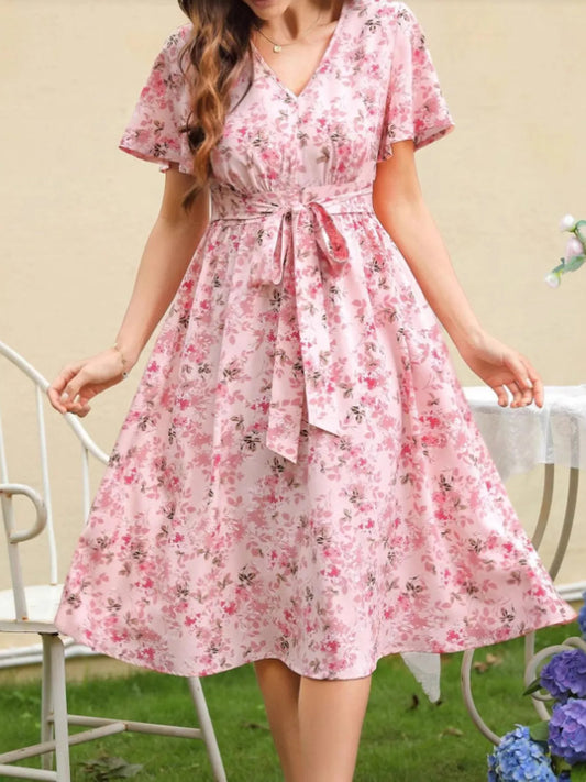 Floral Print V-Neck Belted Midi Dress - adritiX