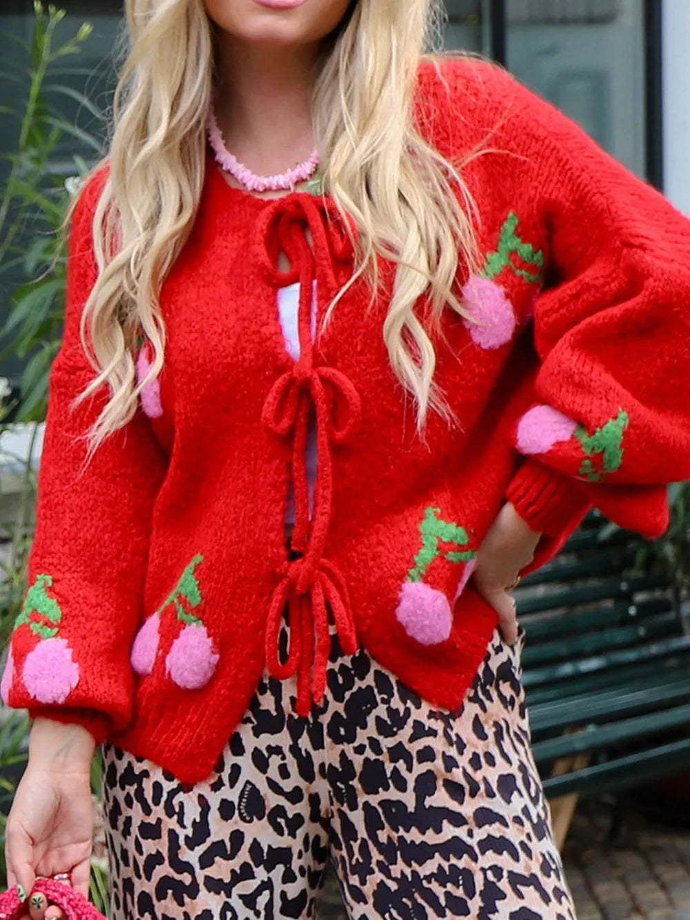 Tied Cherry Round Neck Long Sleeve Cardigan - adritiX