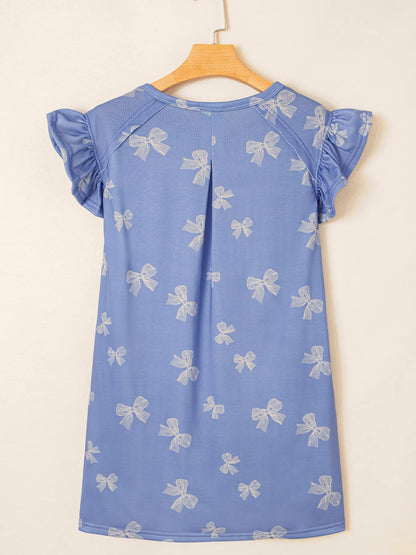 Bow Knot Print Crewneck Ruffled Sleeve Shift Mini Dress - adritiX