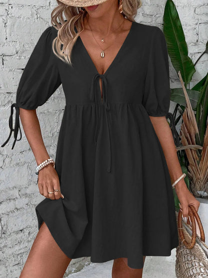 V-Neck Tie-Front Mini Dress with Puff Sleeves - adritiX