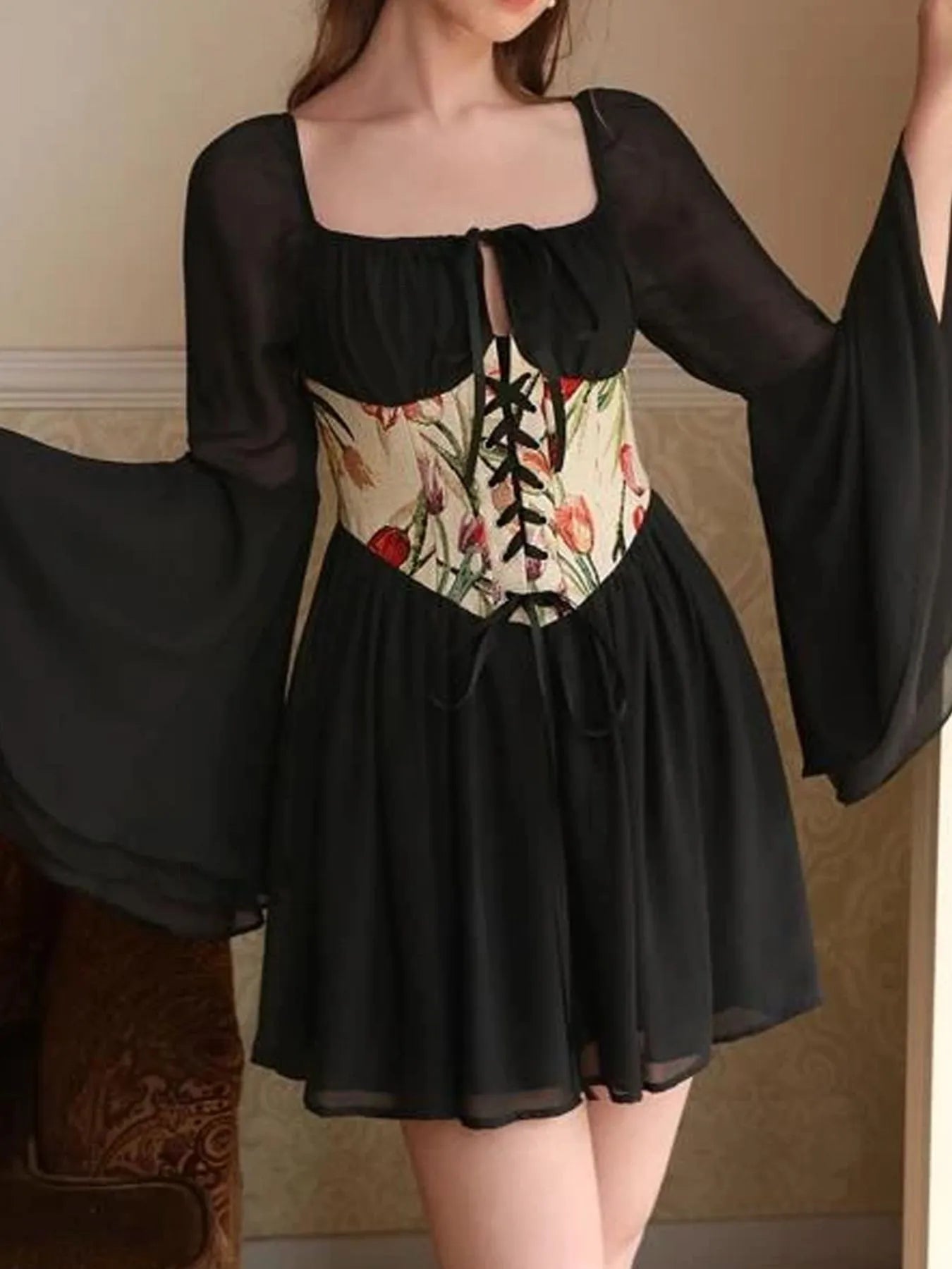Floral Lace Up Long Sleeve Mini Dress - adritiX