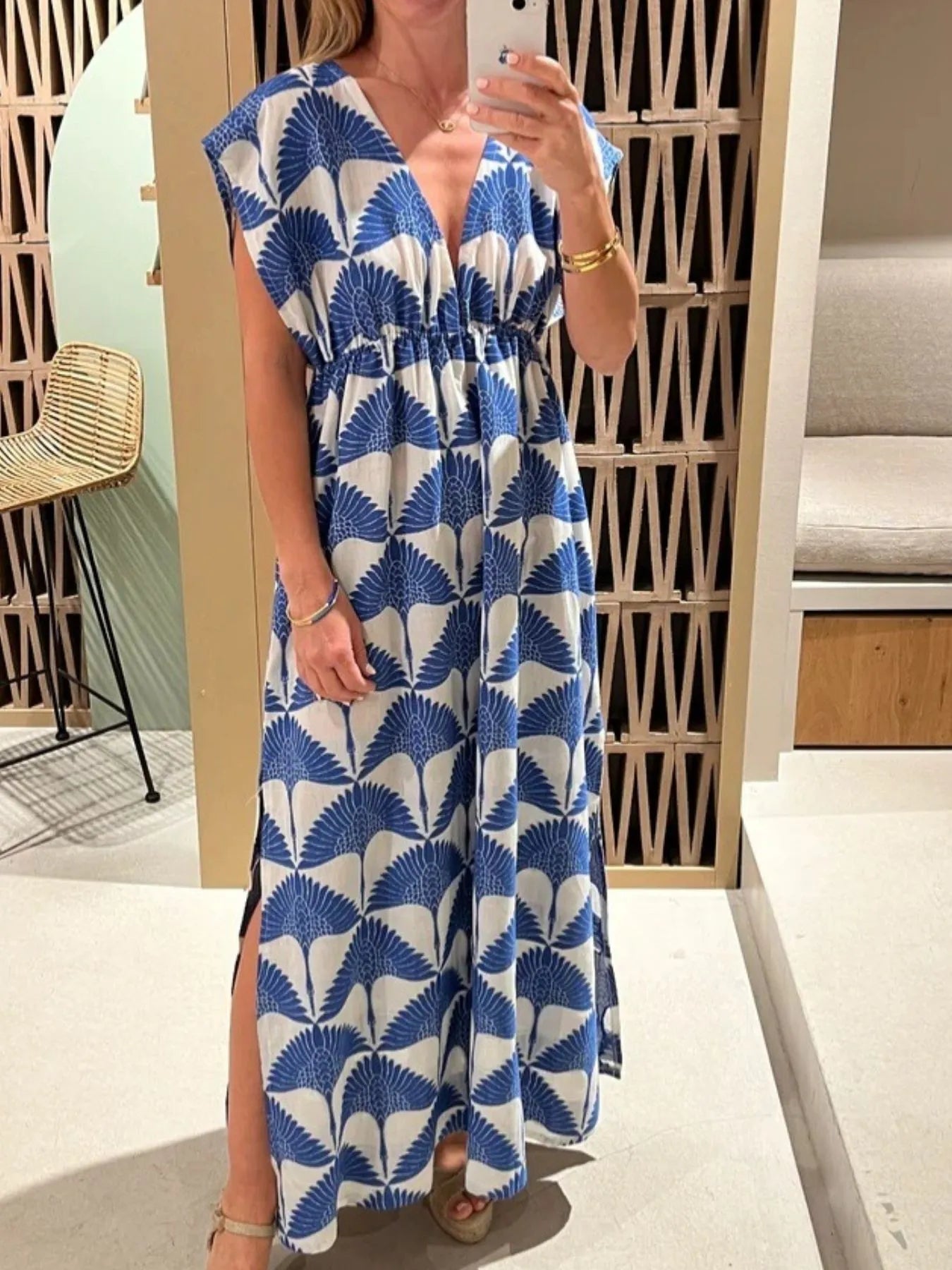 Elegant Slit Printed V-Neck Cap Sleeve Maxi Dress - adritiX