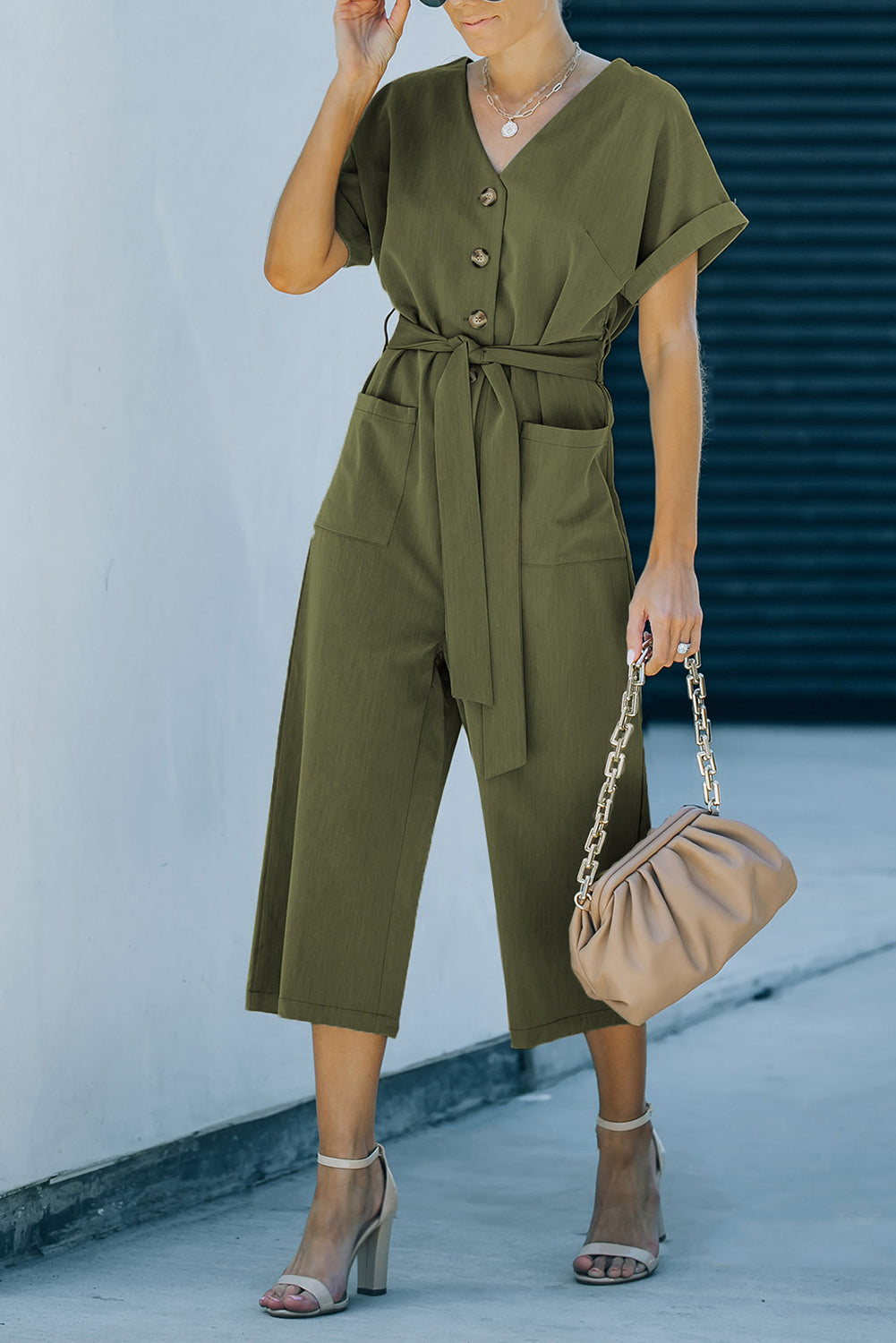 Elegant Tie-Waist Buttoned Cropped Jumpsuit - adritiX
