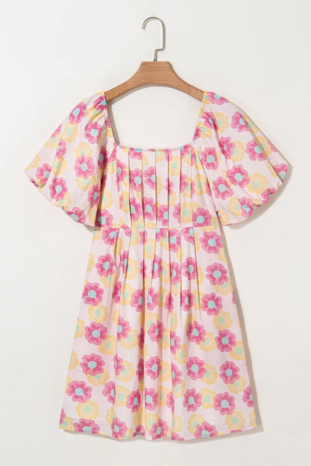 Floral Square Neck Puff Sleeve Pleated Flared Midi Dress - adritiX