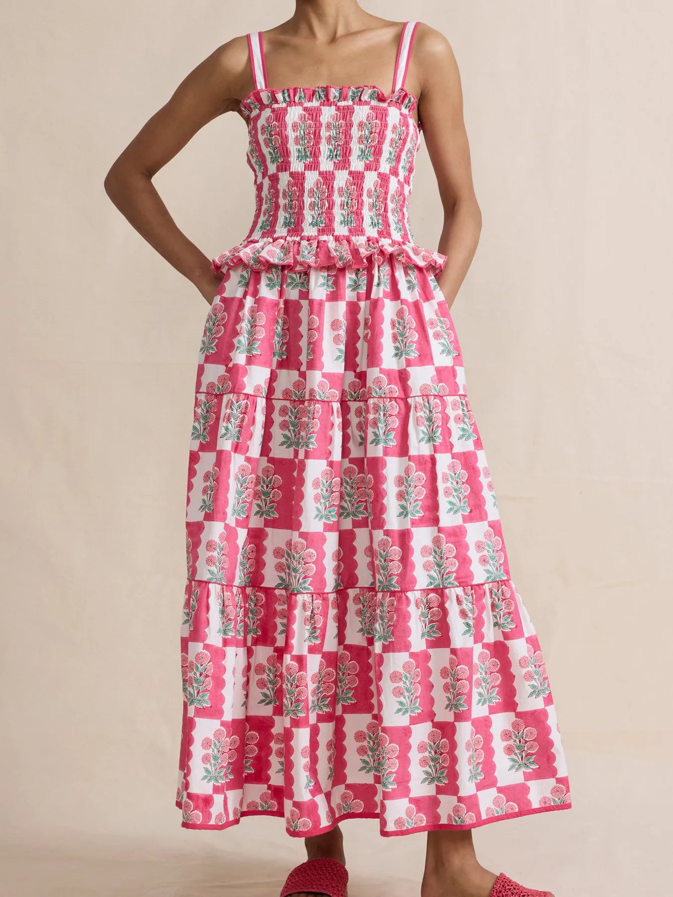 Smocked Ruffled Square Neck Maxi Dress - adritiX