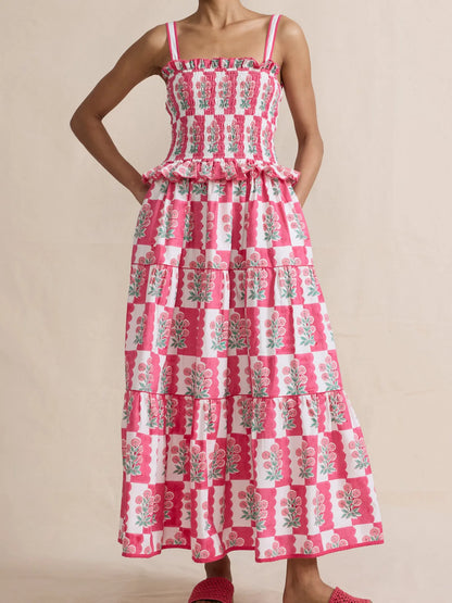 Smocked Ruffled Square Neck Maxi Dress - adritiX