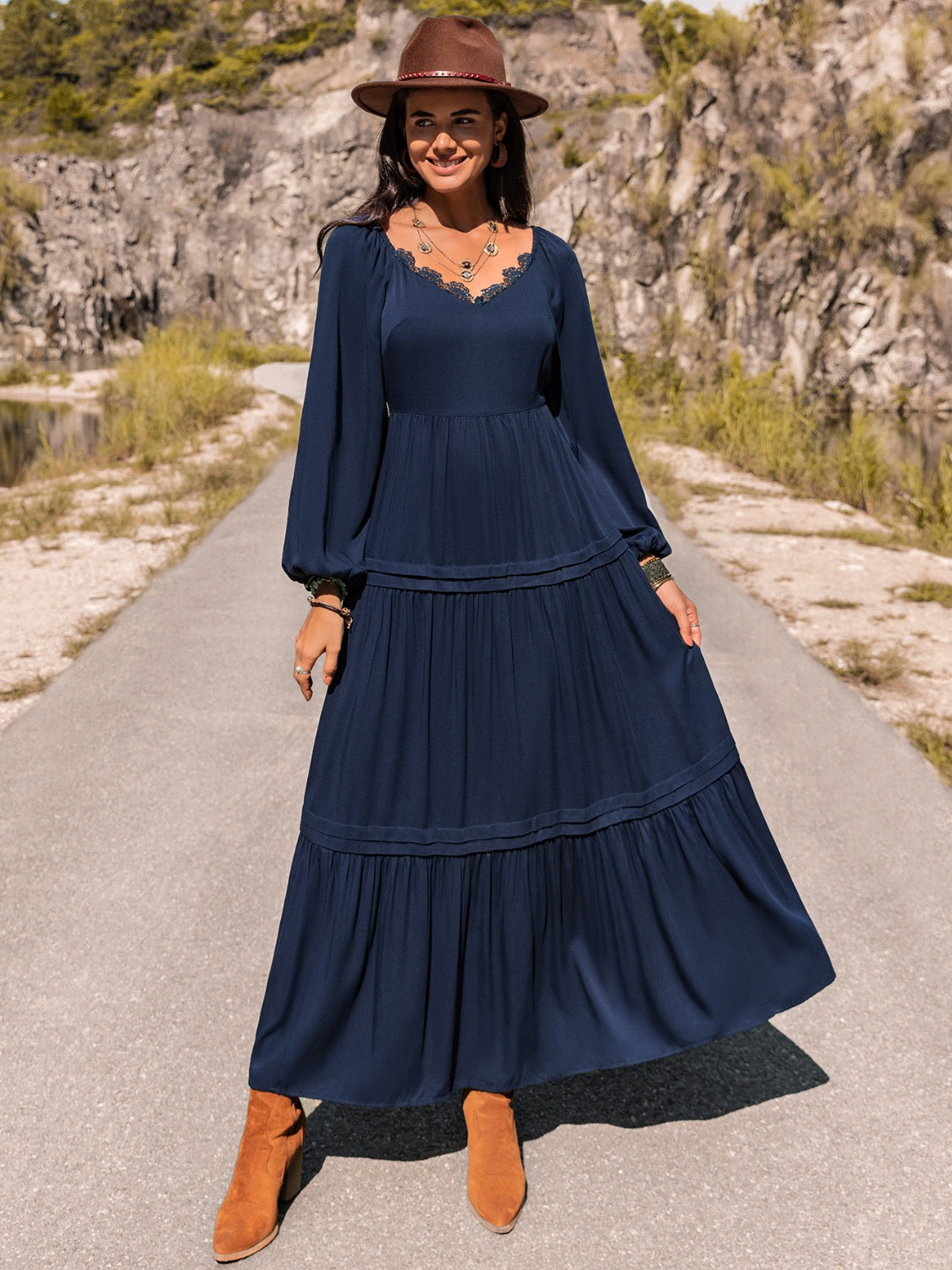 Elegant Long Sleeve Lace Trim Maxi Dress - adritiX