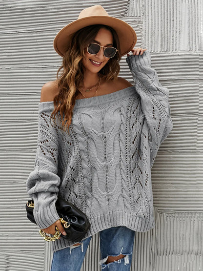 Cable Knit Openwork Off-Shoulder Sweater - adritiX