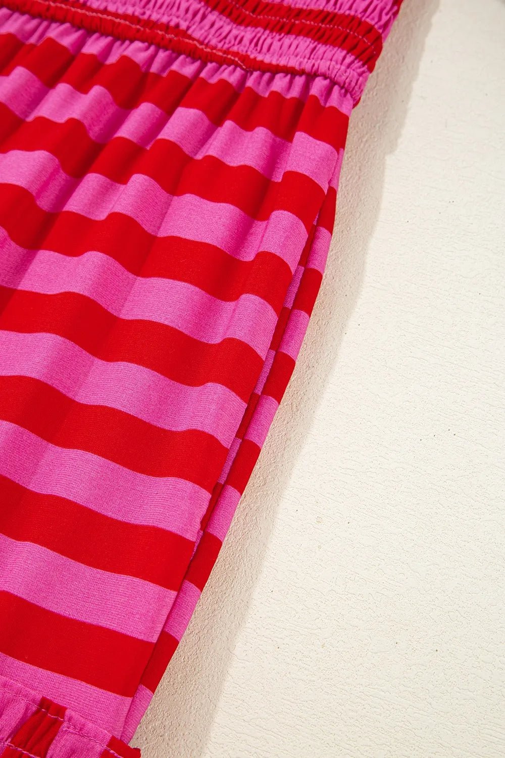 Stripe Flutter Sleeve Smocked Bodice Tiered Maxi Dress - adritiX
