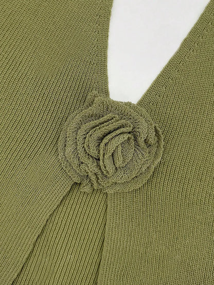 V-Neck Ribbed Knit Sweater Vest with Flower Detail - adritiX