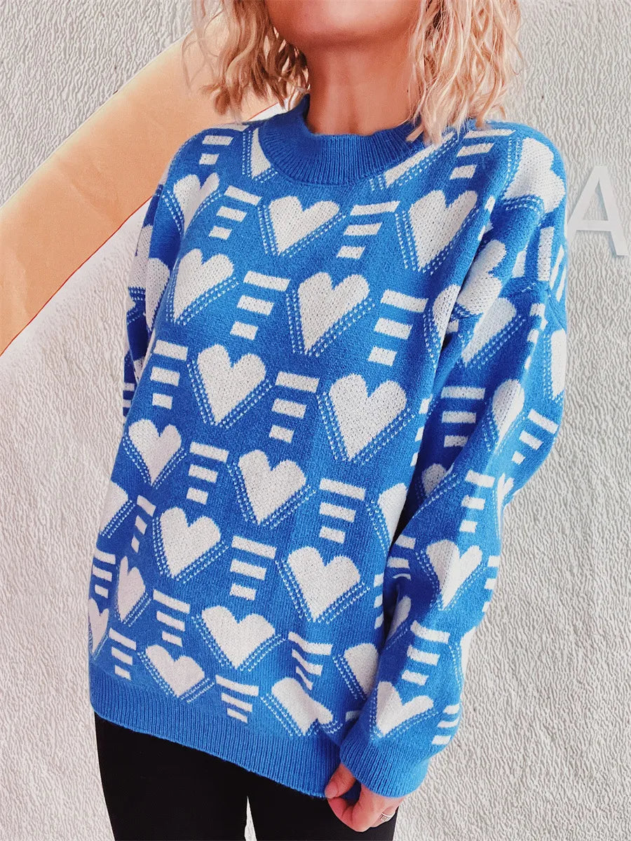 Elegant Heart Contrast Long Sleeve Dropped Shoulder Sweater - adritiX