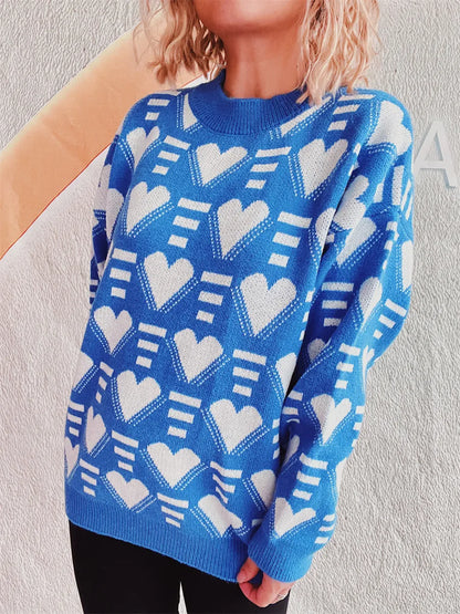 Elegant Heart Contrast Long Sleeve Dropped Shoulder Sweater - adritiX