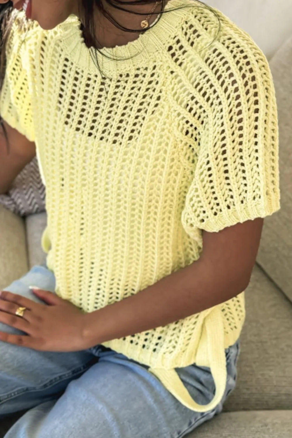 Hollow-out Crochet Side Tied Short Sleeve Knit Cover Up - adritiX