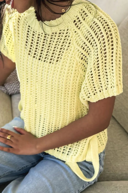Hollow-out Crochet Side Tied Short Sleeve Knit Cover Up - adritiX