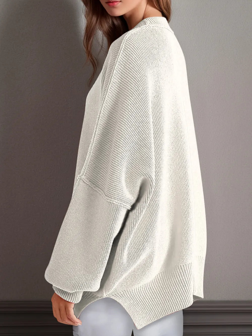 Double Take Side Slit Round Neck Long Sleeve Sweater - adritiX