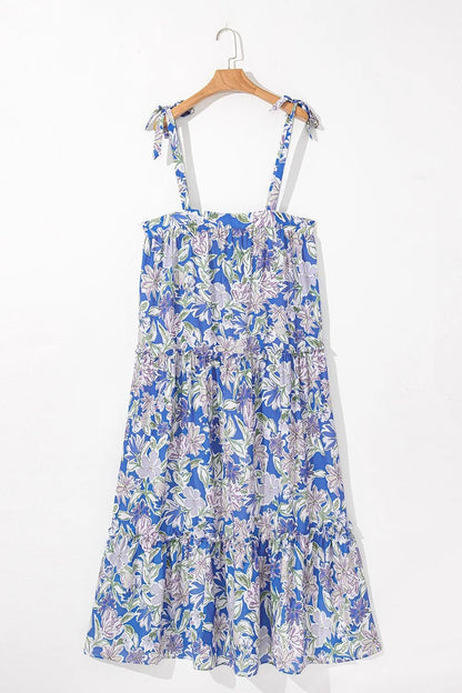 Floral Print Self-tie Straps Flowy Ruffle Dress - adritiX
