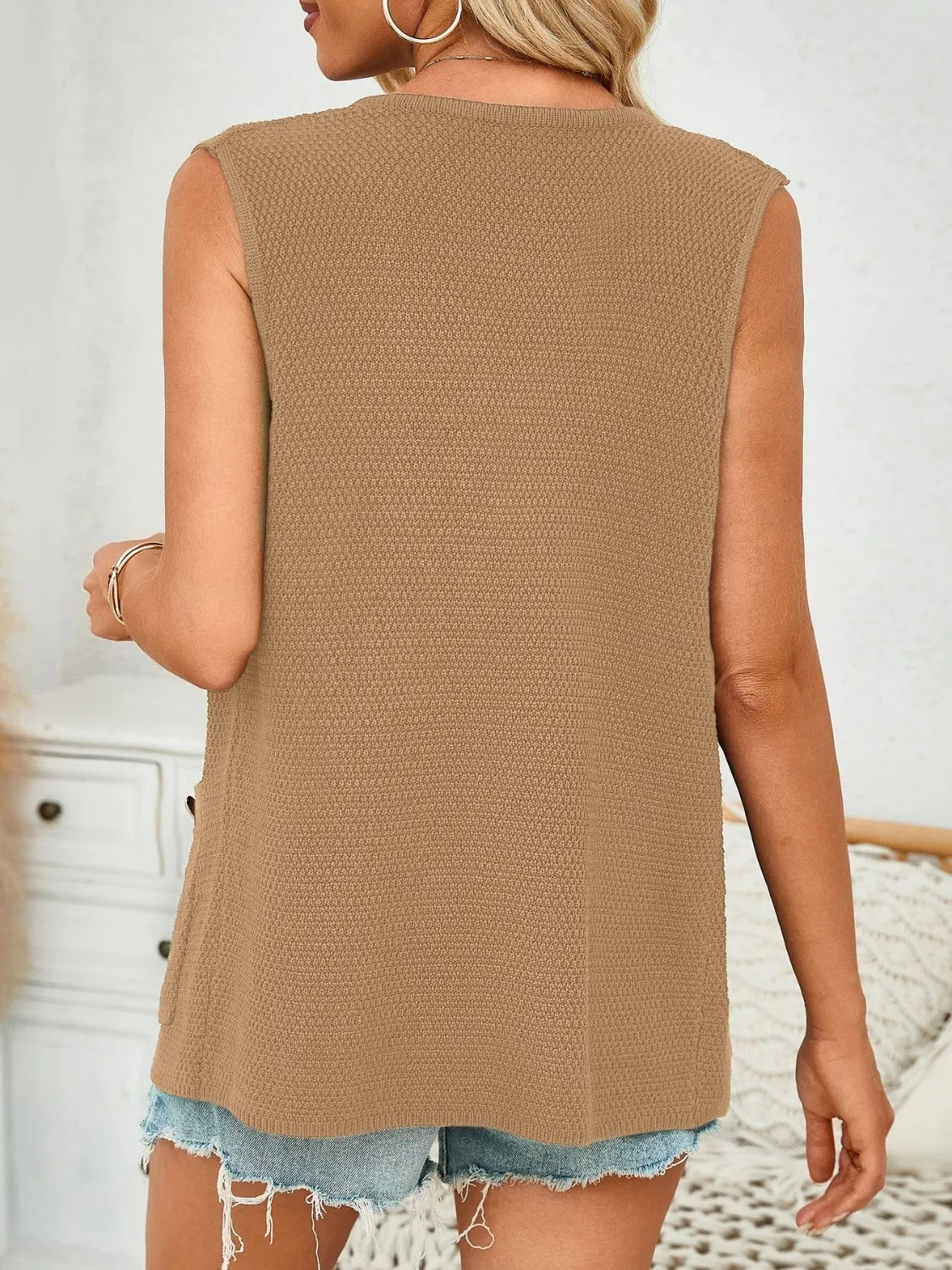 Button Down Round Neck Knit Vest - adritiX