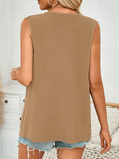 Button Down Round Neck Knit Vest - adritiX