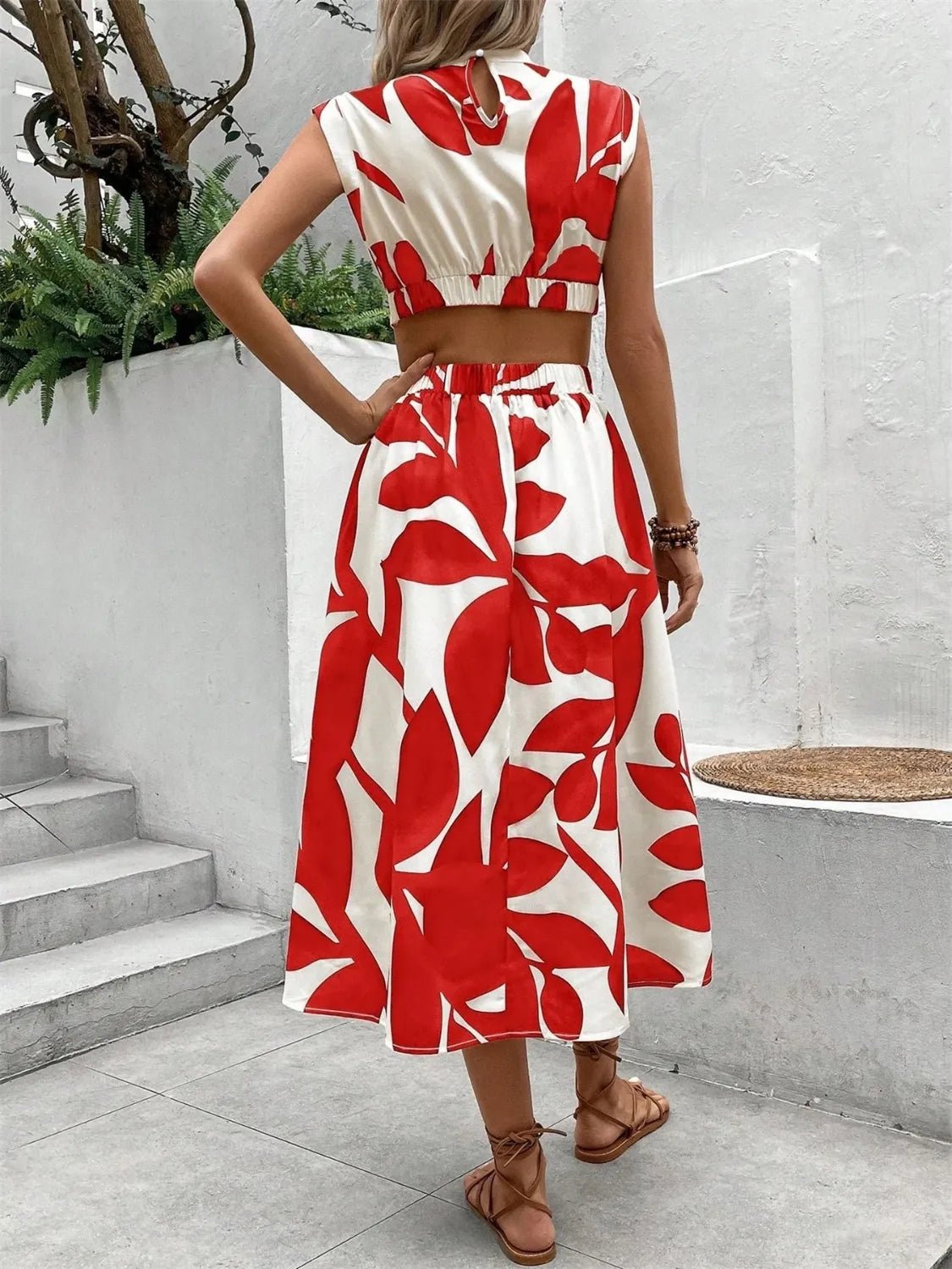 Cutout Printed Cap Sleeve Midi Dress - adritiX
