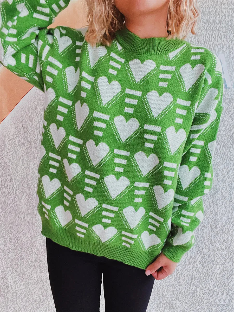 Elegant Heart Contrast Long Sleeve Dropped Shoulder Sweater - adritiX