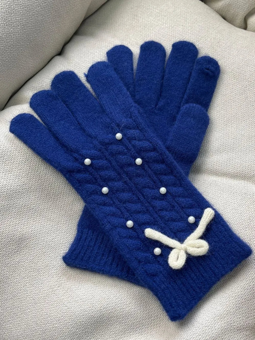 Thermal Pearl Detail Bow Five-Finger Gloves - adritiX