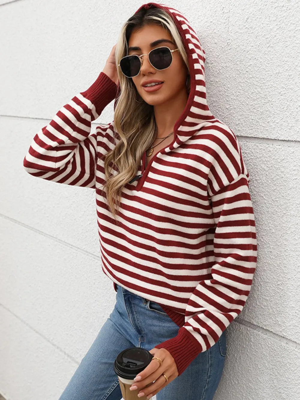 Perfee Striped Long Sleeve Hooded Sweater - adritiX