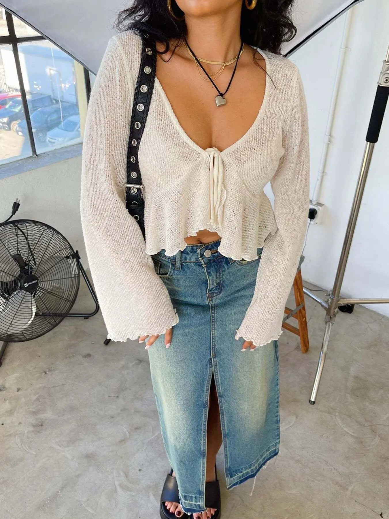 Ruffled Hem Tie-Front Cropped Cardigan - adritiX