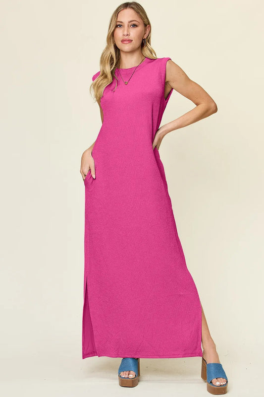 Double Take Full Size Texture Mock Neck Sleeveless Maxi Dress - adritiX