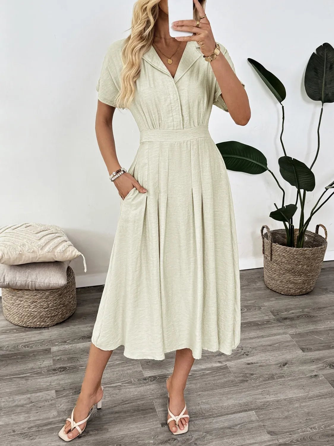 Short Sleeve Midi Dress with Pockets - adritiX