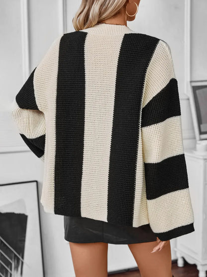 Waffle-Knit V-Neck Striped Long Sleeve Cardigan - adritiX