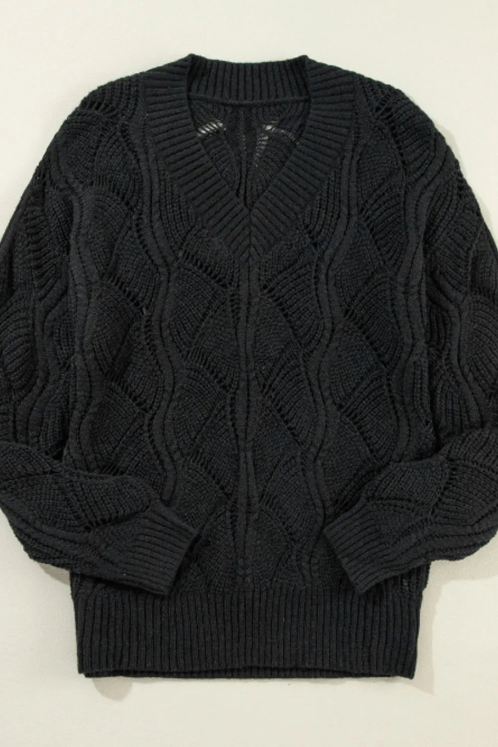 Openwork V-Neck Long Sleeve Sweater - adritiX
