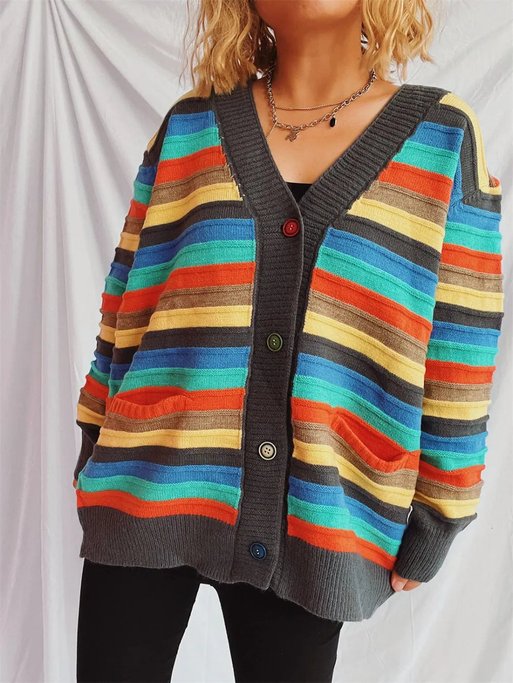 Contrast Stripes Button Up Long Sleeve Cardigan - adritiX