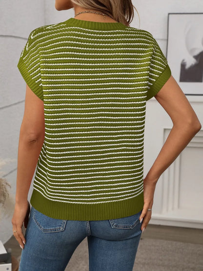 Striped Round Neck Short Sleeve Knit Top - adritiX