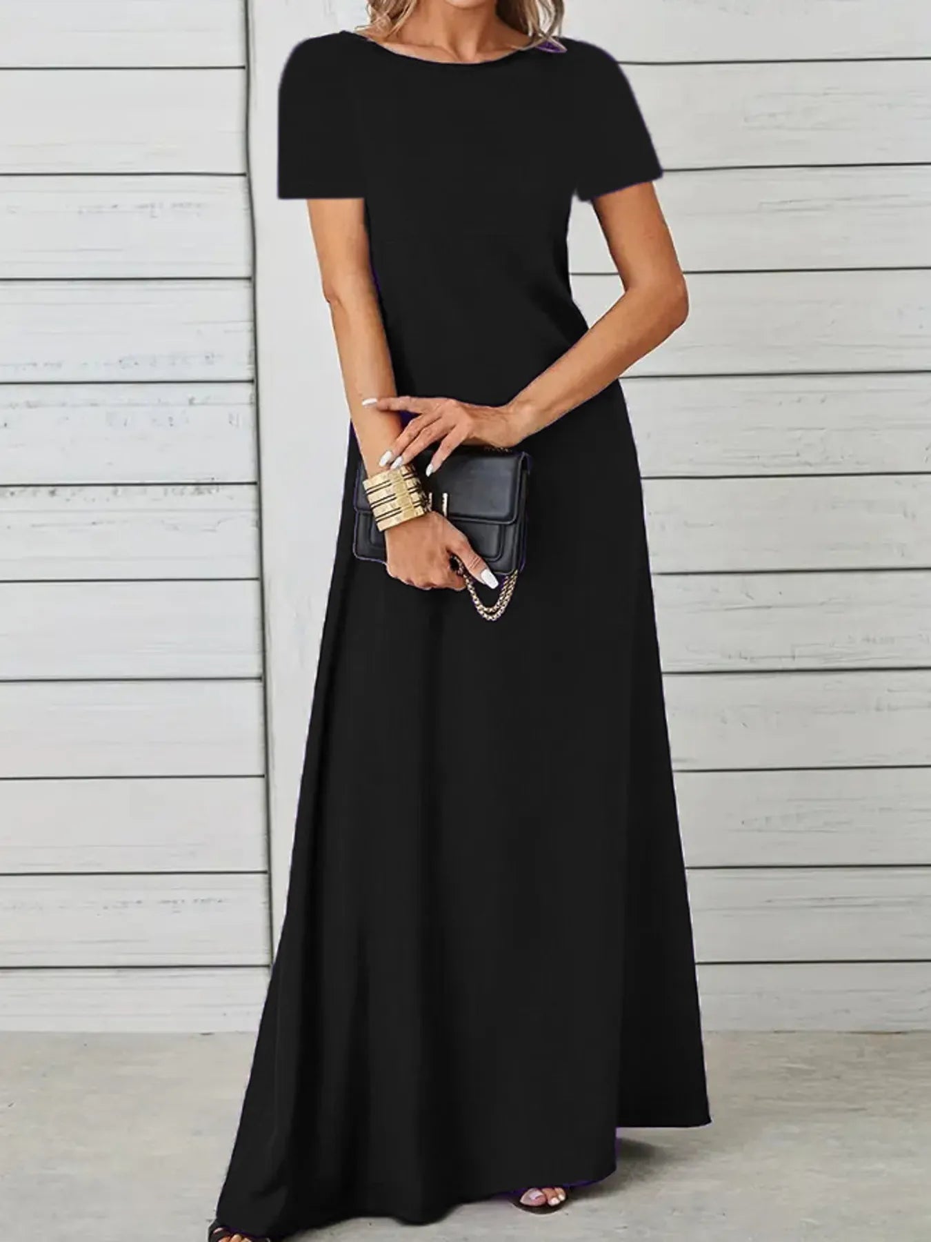 Full Size Round Neck Short Sleeve A-Line Maxi Dress Plus Size - adritiX