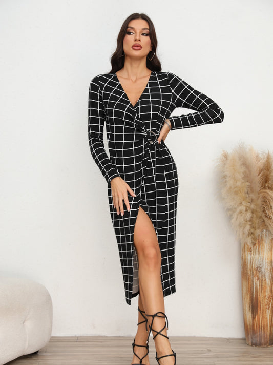 Elegant Plaid Long Sleeve Slit Dress - adritiX