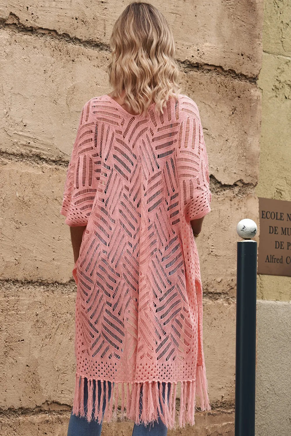 Openwork Open Front Cardigan with Fringes - adritiX
