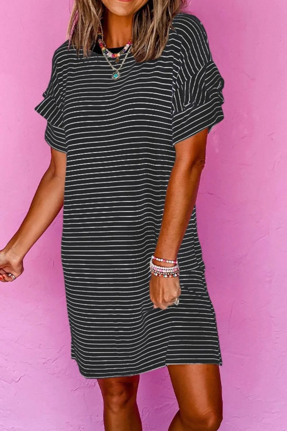 Casual Striped T-Shirt Dress with Pockets - adritiX