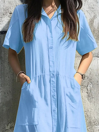Button Front Short Sleeve Midi Dress - adritiX