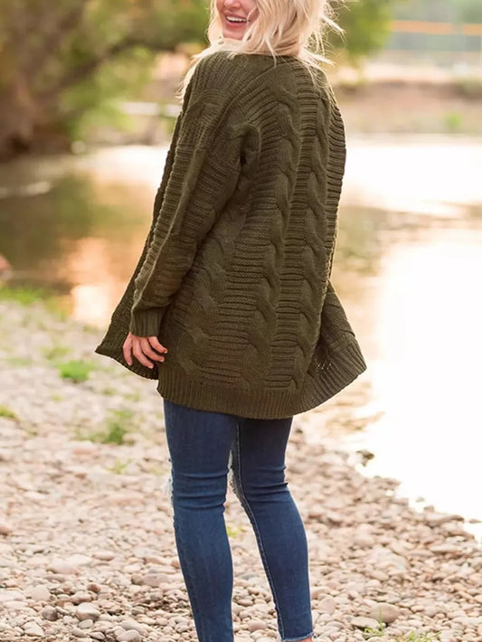 Cable-Knit Open Front Long Sleeve Cardigan - adritiX