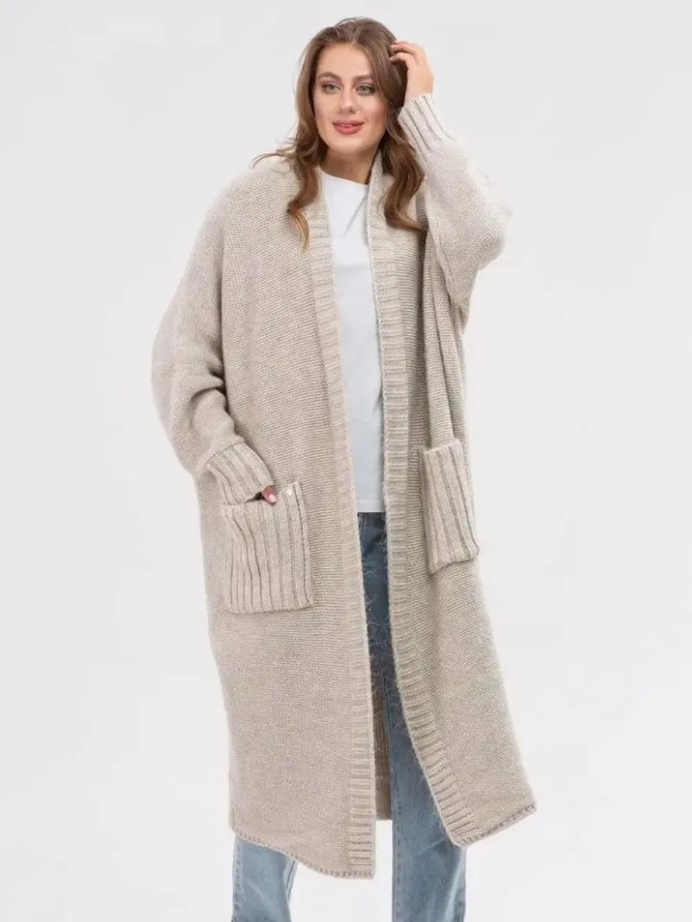 Pocketed Open Front Long Sleeve Longline Cardigan - adritiX
