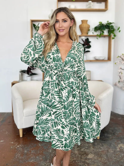 Double Take Full Size Printed Ruched Balloon Sleeve Dress - adritiX