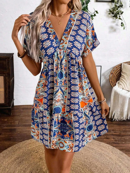 Printed V-Neck Short Sleeve Dress - adritiX
