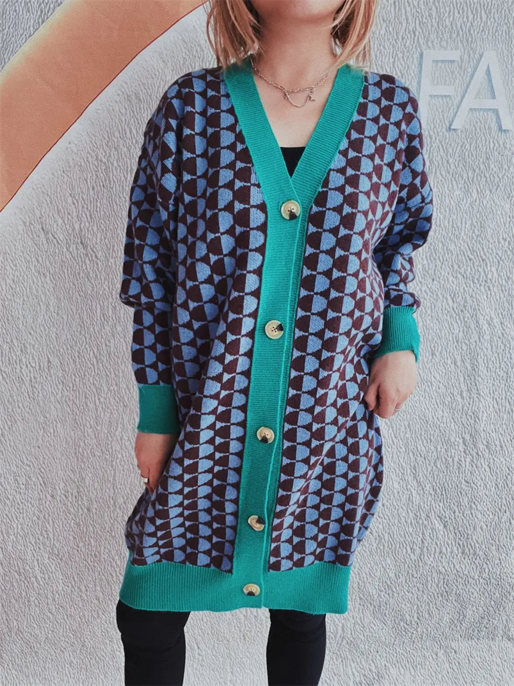 Contrast Trim Geometric Button Down Cardigan - adritiX