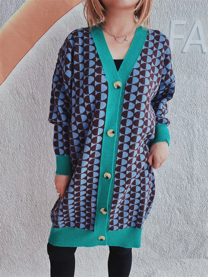 Contrast Trim Geometric Button Down Cardigan - adritiX
