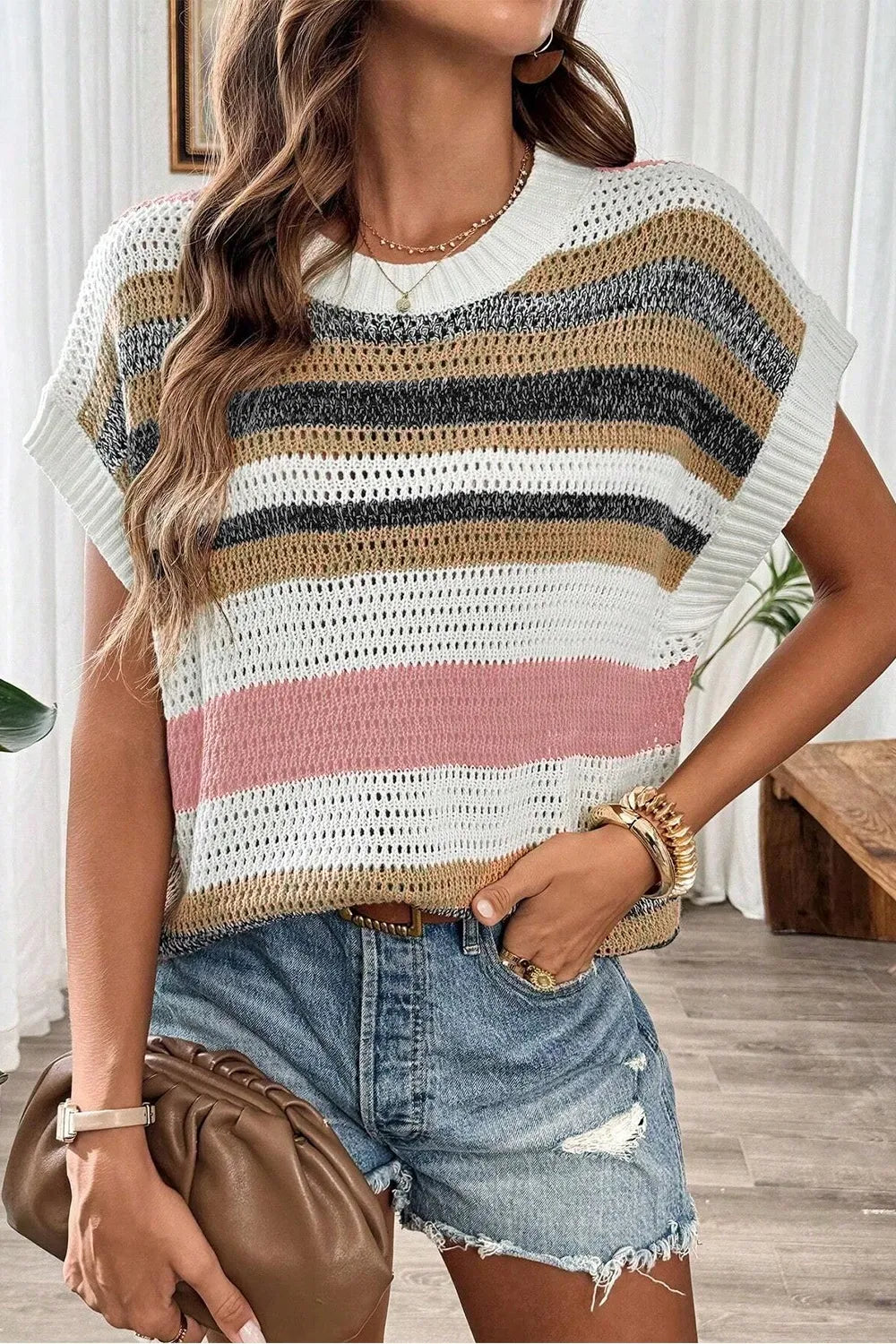 Stripe Color Block Eyelet Knit Short Sleeve Knit Top - adritiX